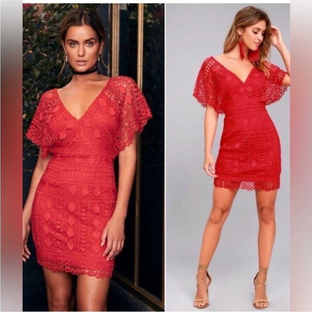 Lulu's Red Lace V-Neck Flutter Sleeve Mini Dress